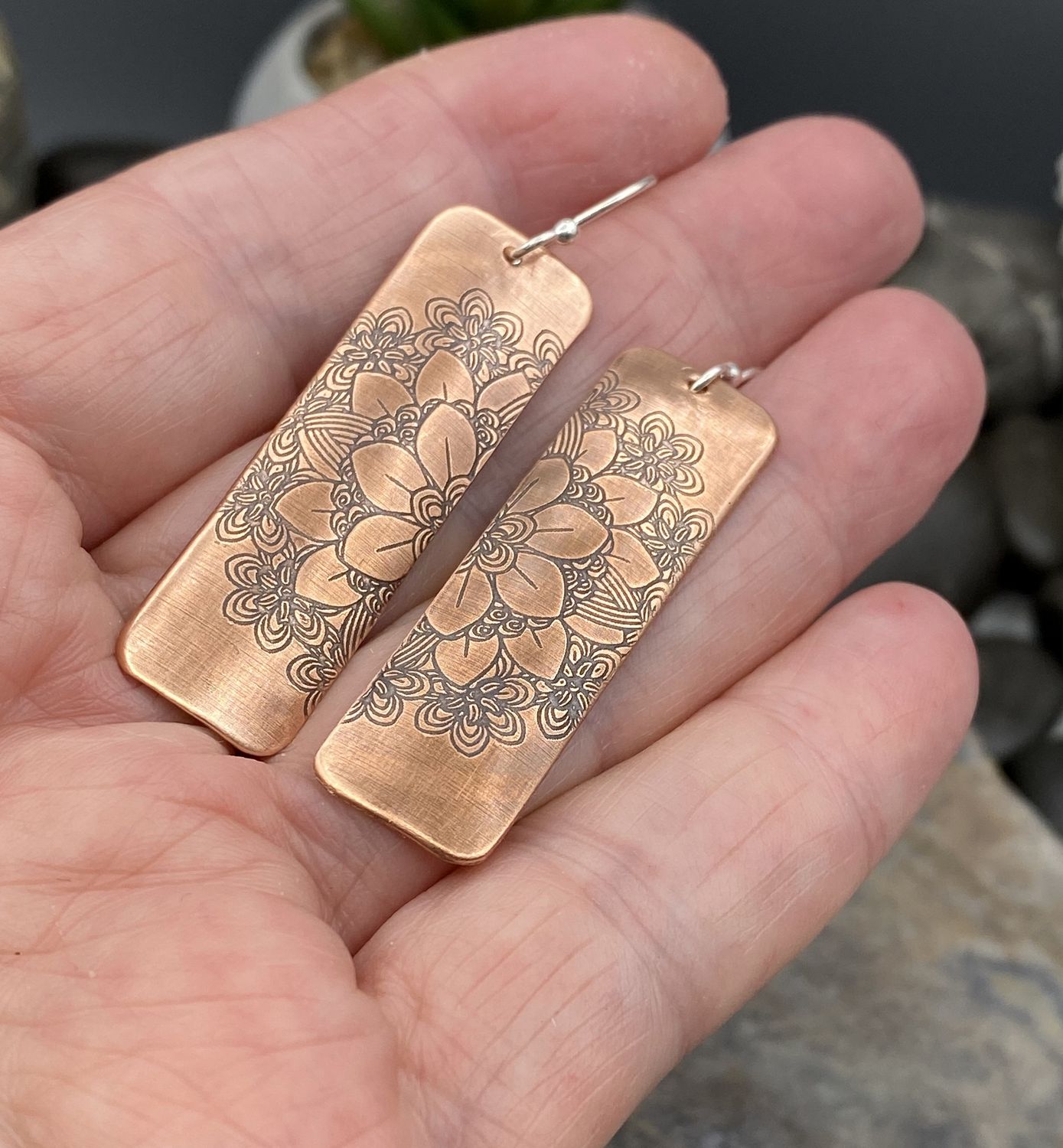 Rectangle Flower Mandala Copper Earrings