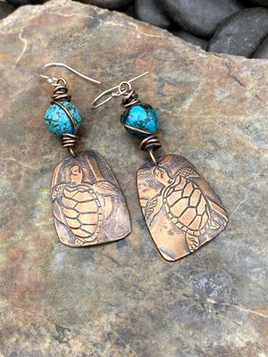 Sea Turtle Copper Earrings Turquoise Dyed Howlite Stone