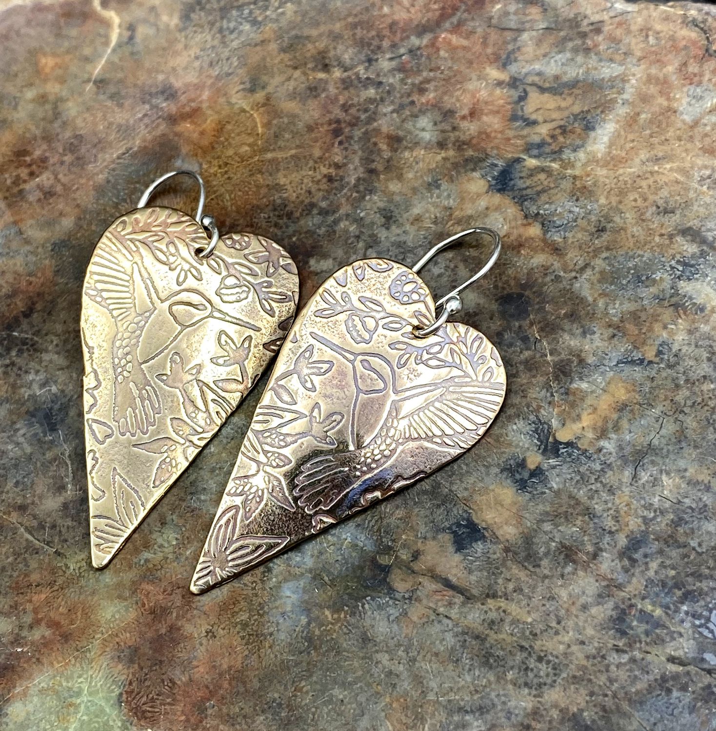 Brass Hummingbird Heart Earrings