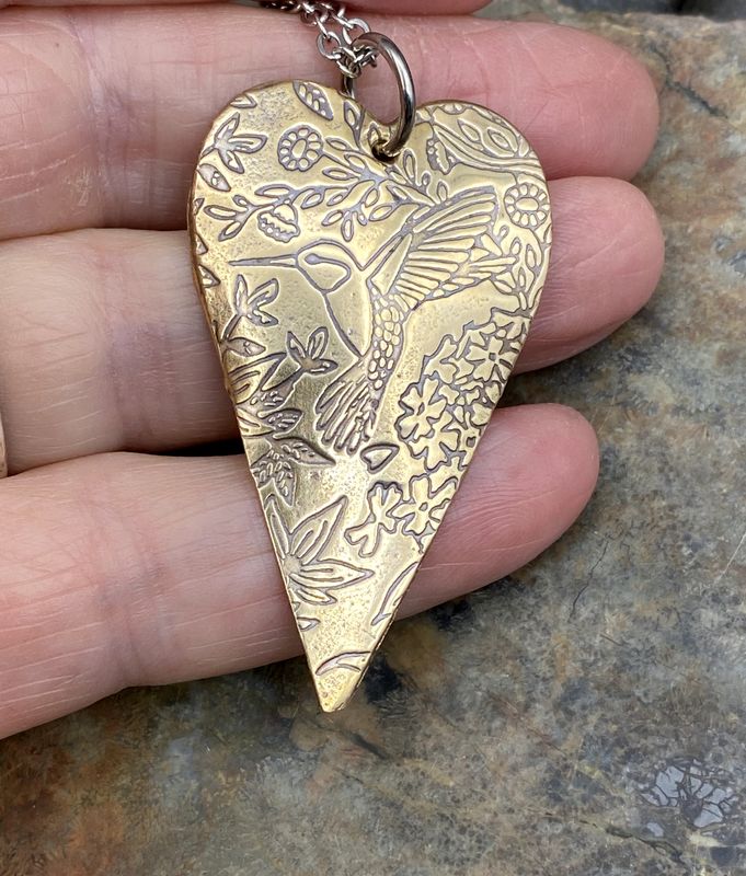 NuGold Hummingbird Patterned Heart Pendant Boho Jewelry