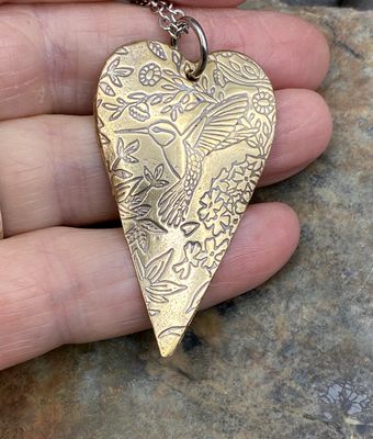 NuGold Hummingbird Patterned Heart Pendant Boho Jewelry