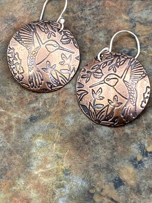 HummingBird Patterned Copper Earrings Round Copper Earrings