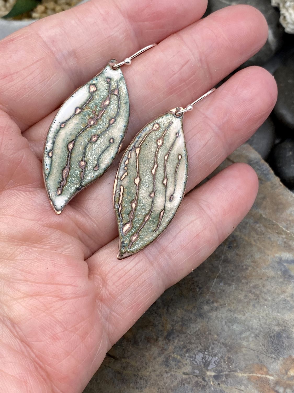 Enameled Sgraffito Rain Drop Leaf Earrings