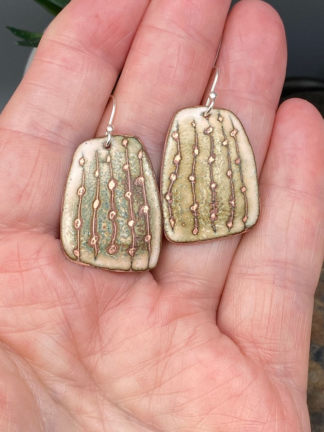 Earthy Rustic Sgraffito Rain Drop Enameled Earrings