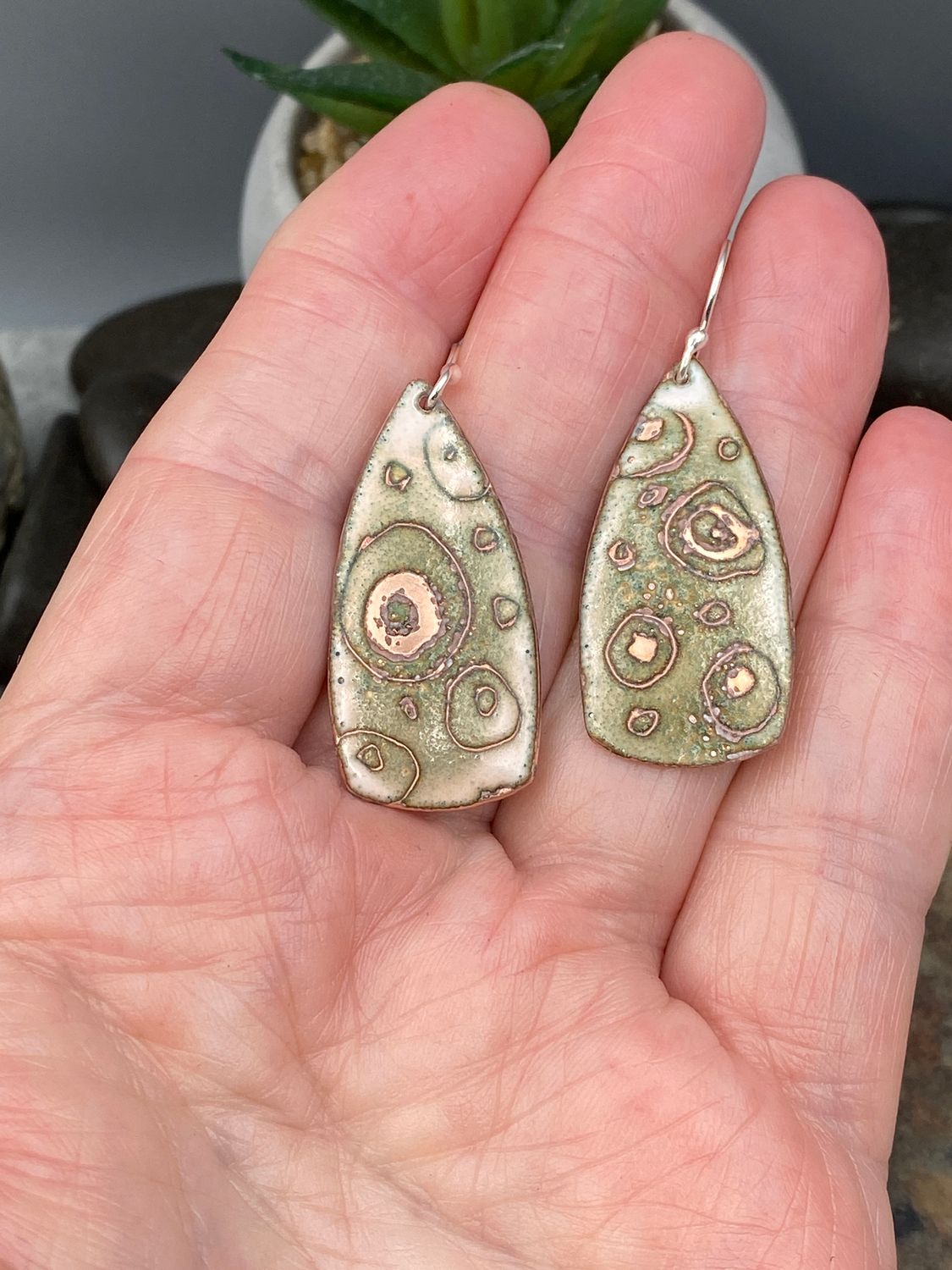 Earthy Rustic Sgraffito Spear Enameled Circle Earrings