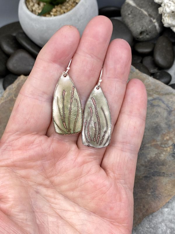 Earthy Rustic Sgraffito Spear Enameled Earrings