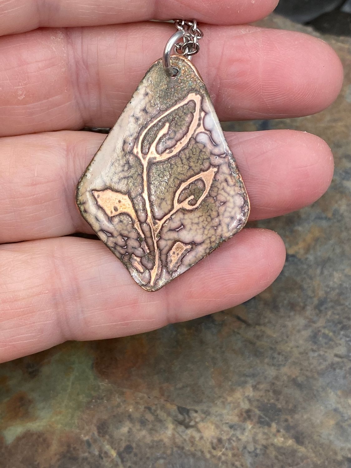 Natural colored Sgraffito Leaves Enamel Pendant Scratched Enameled Jewelry