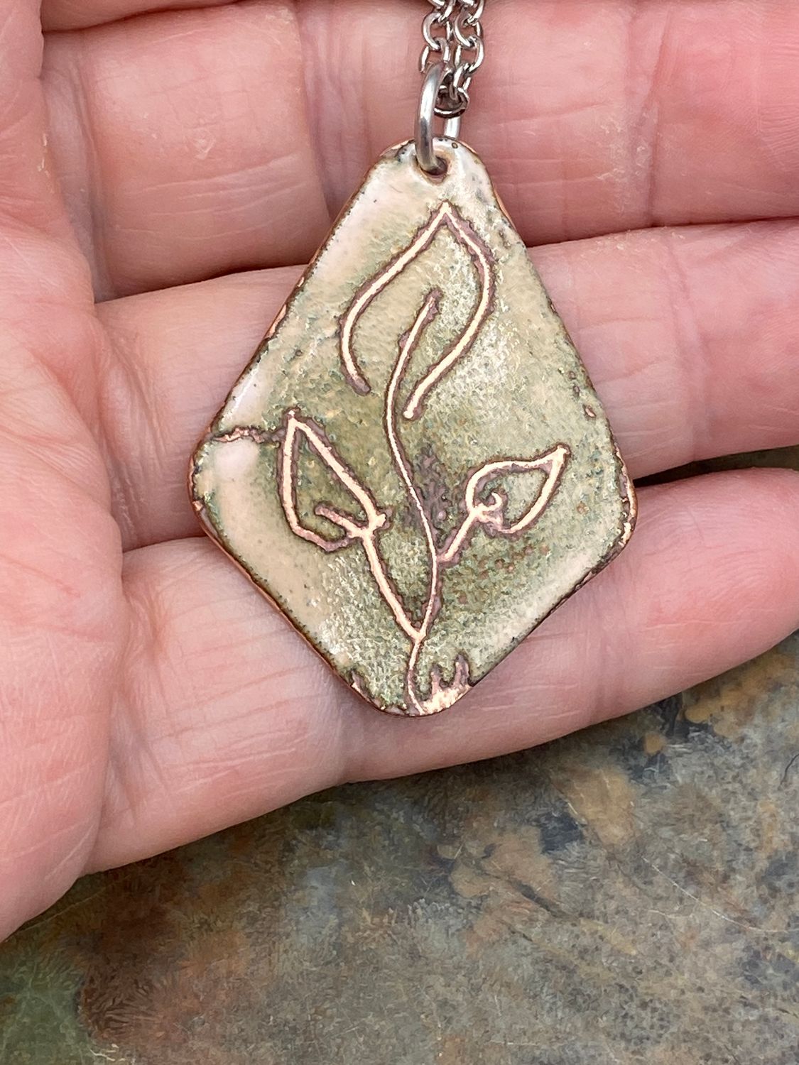 Green toned Sgraffito Leaves Enamel Pendant Scratched Enameled Jewelry