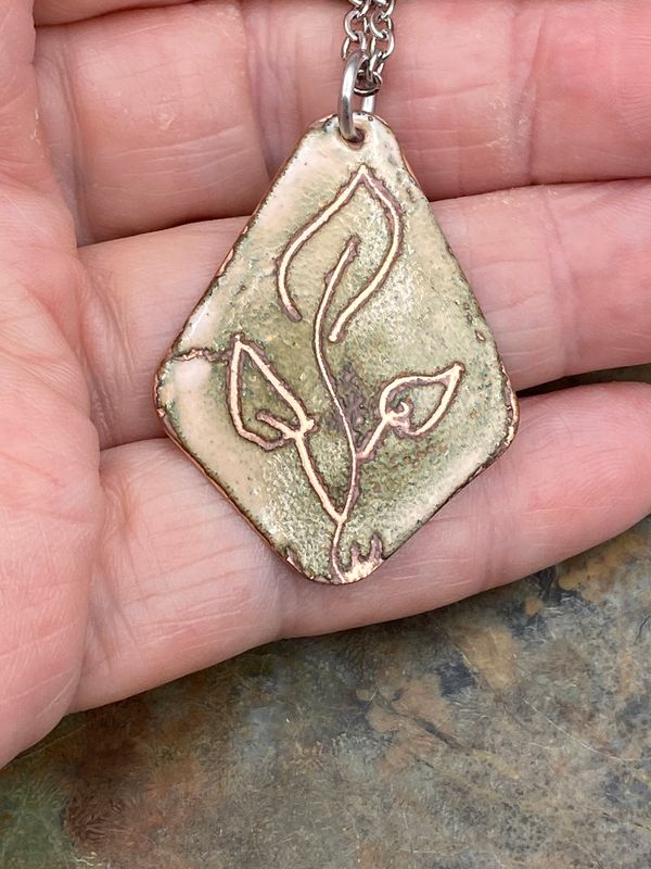 Green toned Sgraffito Leaves Enamel Pendant Scratched Enameled Jewelry