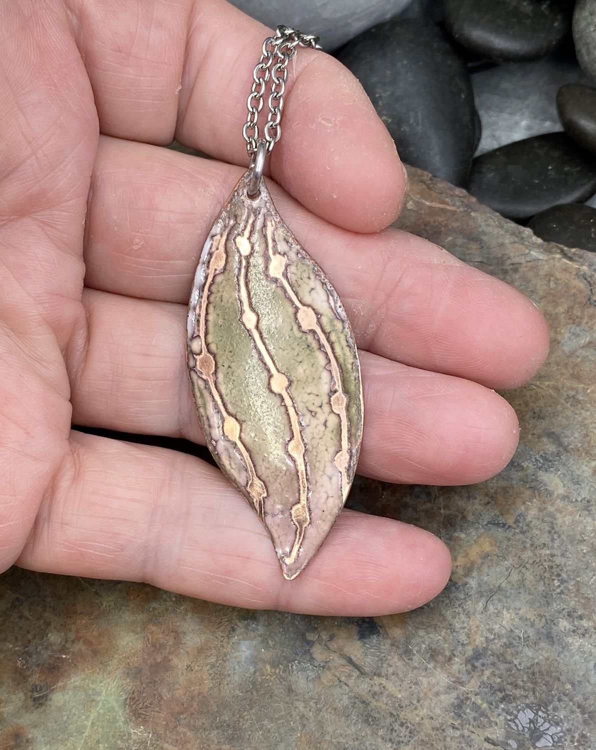 Sgraffito Leaf Enamel Pendant Scratched Enameled Jewelry