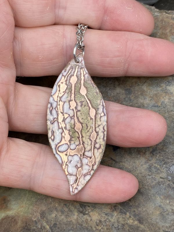Sgraffito Leaf Enamel Pendant Scratched Enameled Jewelry