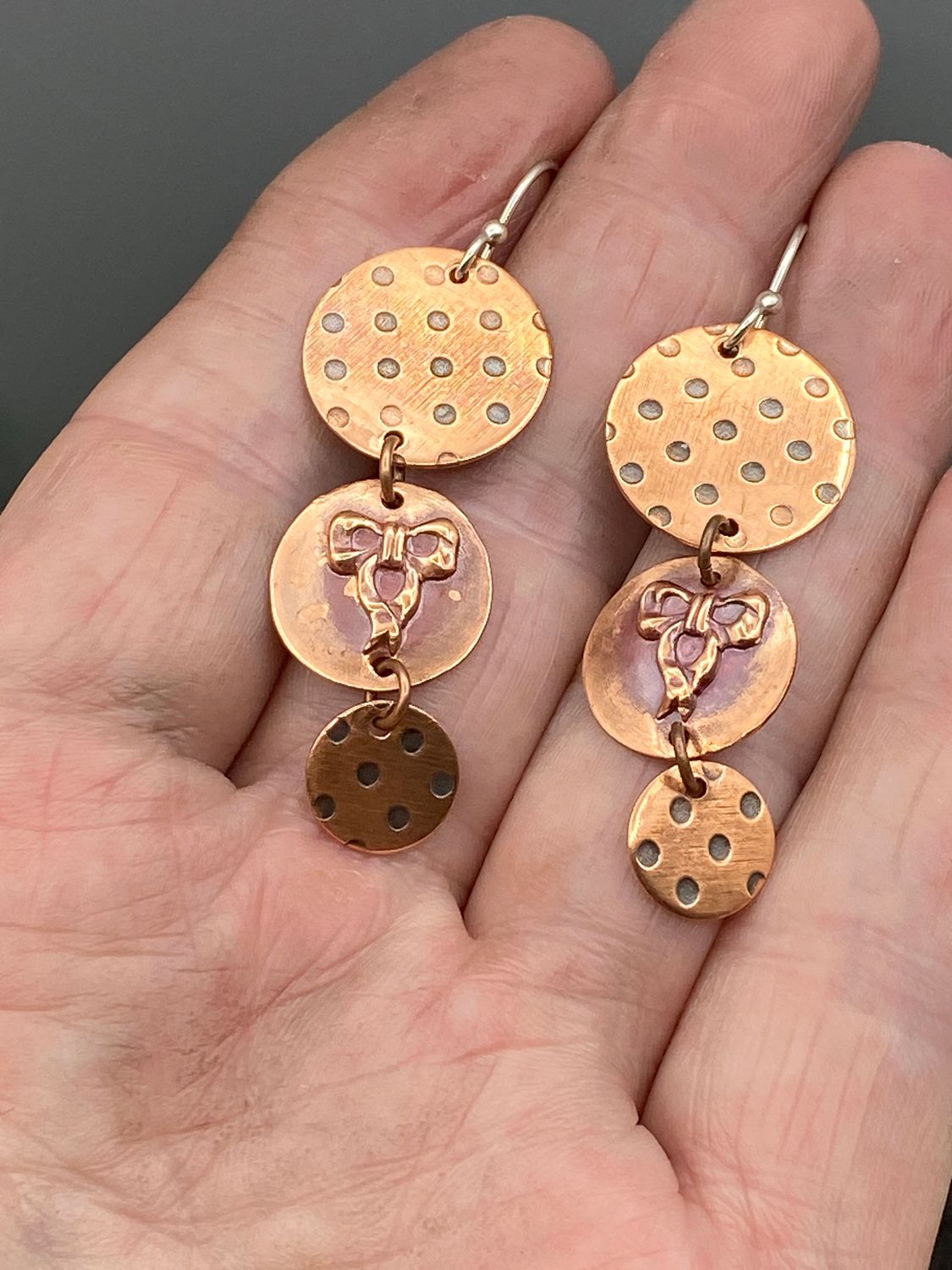 Polka Dots and Bows Round Dangle Copper Earrings