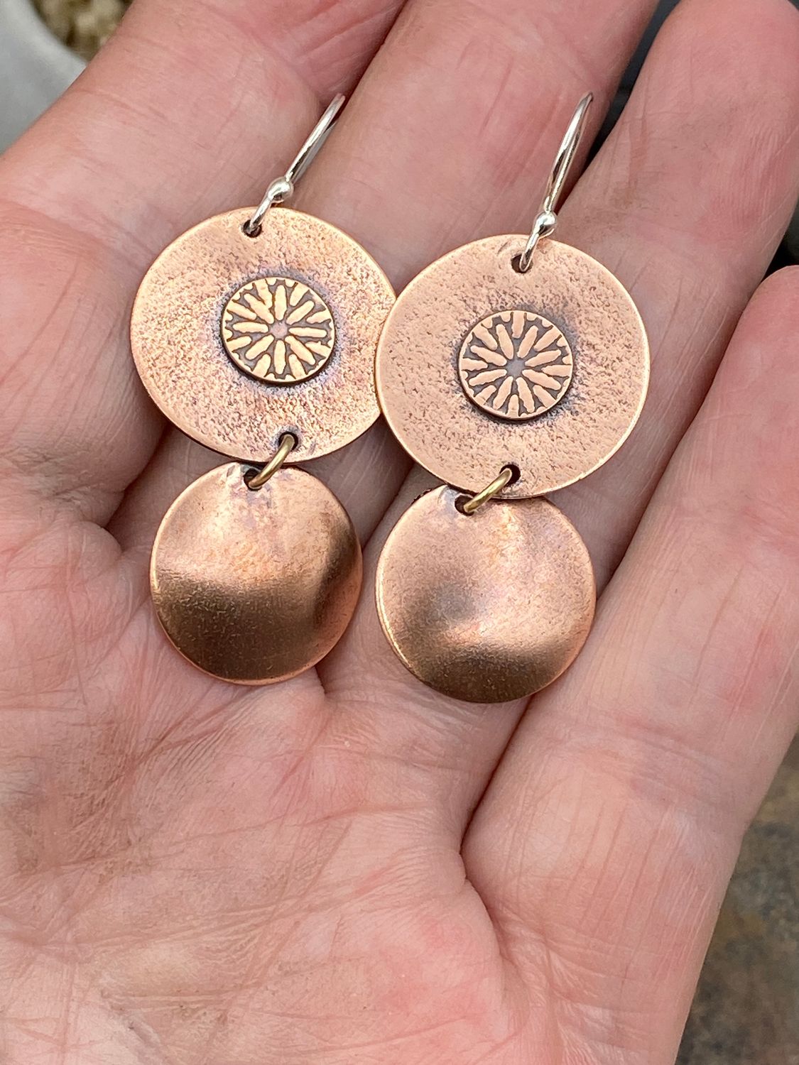 Double Dangle Earrings on textured round copper discs