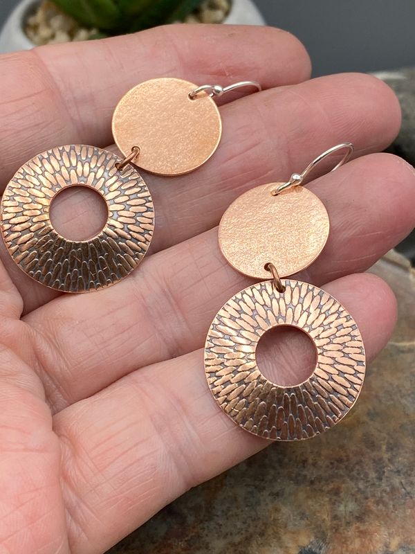 Camomile Domed Pattern Double Dangle Hoop Earrings