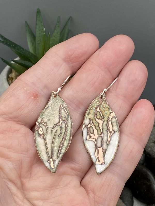 Scratched Leaf Enameled Earrings
