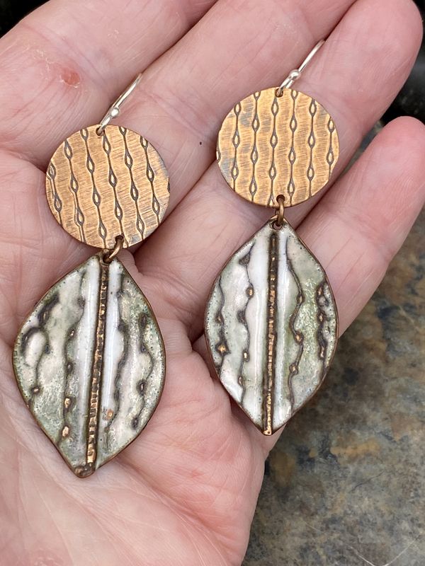Fold Formed Torch Fired Sgraffito Enameled Earrings