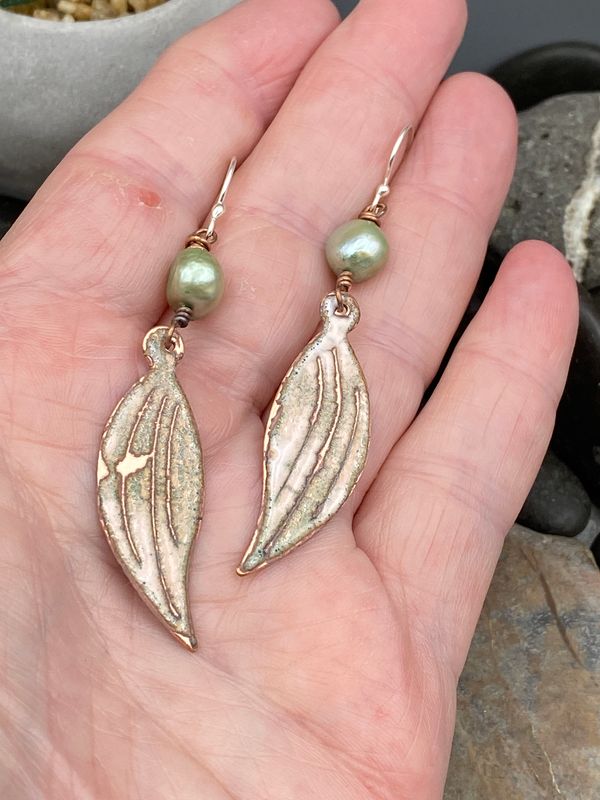 Sgraffito Enamel Petals with Fresh Water Green Pearls Earrings