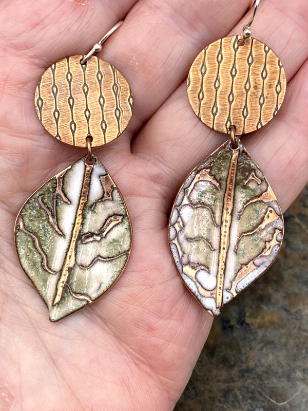 Fold Formed Sgraffito Enameled Earrings