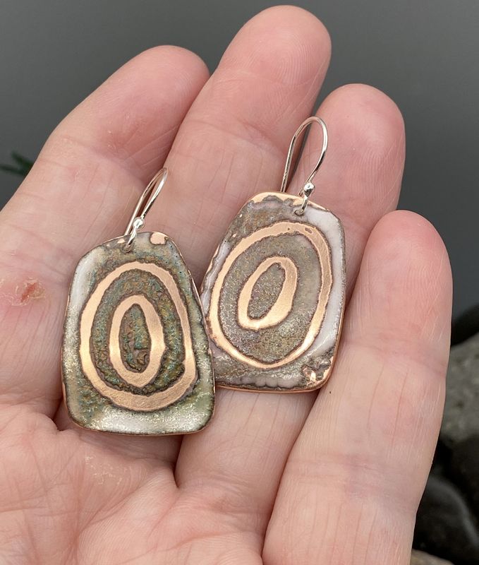 Earthy Rustic Sgraffito CIRCLES Enameled Earrings
