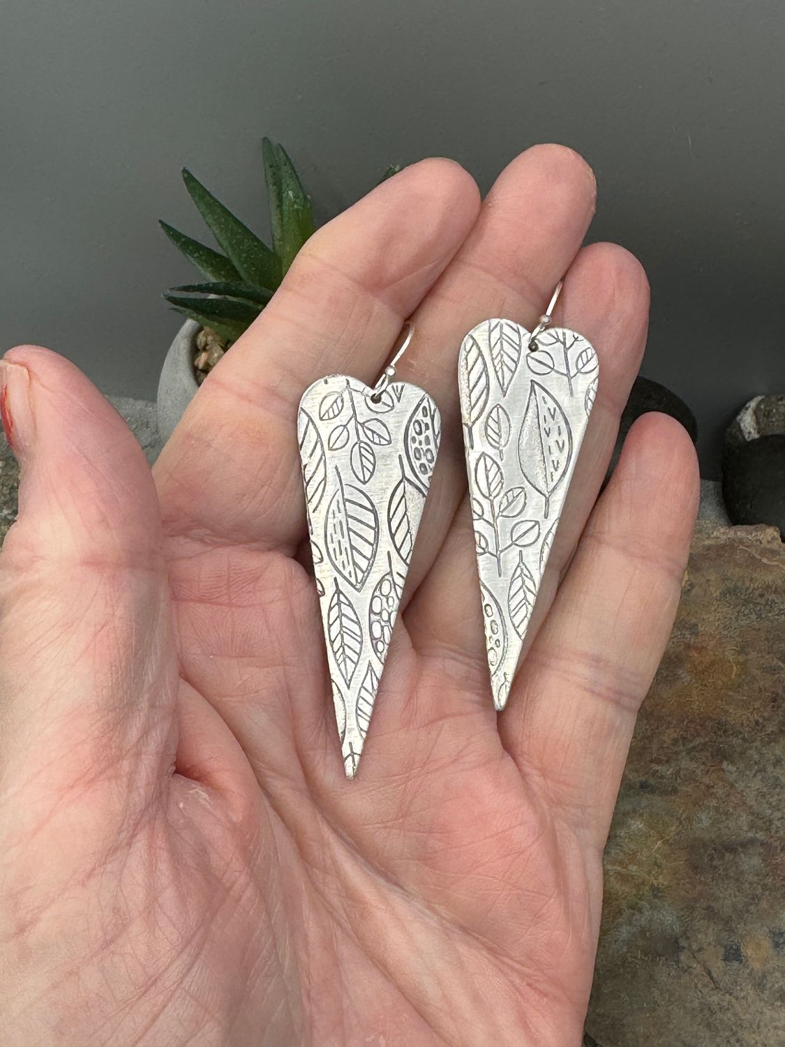 Handmade Aluminum Earrings – Lightweight &amp; Hypoallergenic Jewelry Heart shaped with leaf pattern