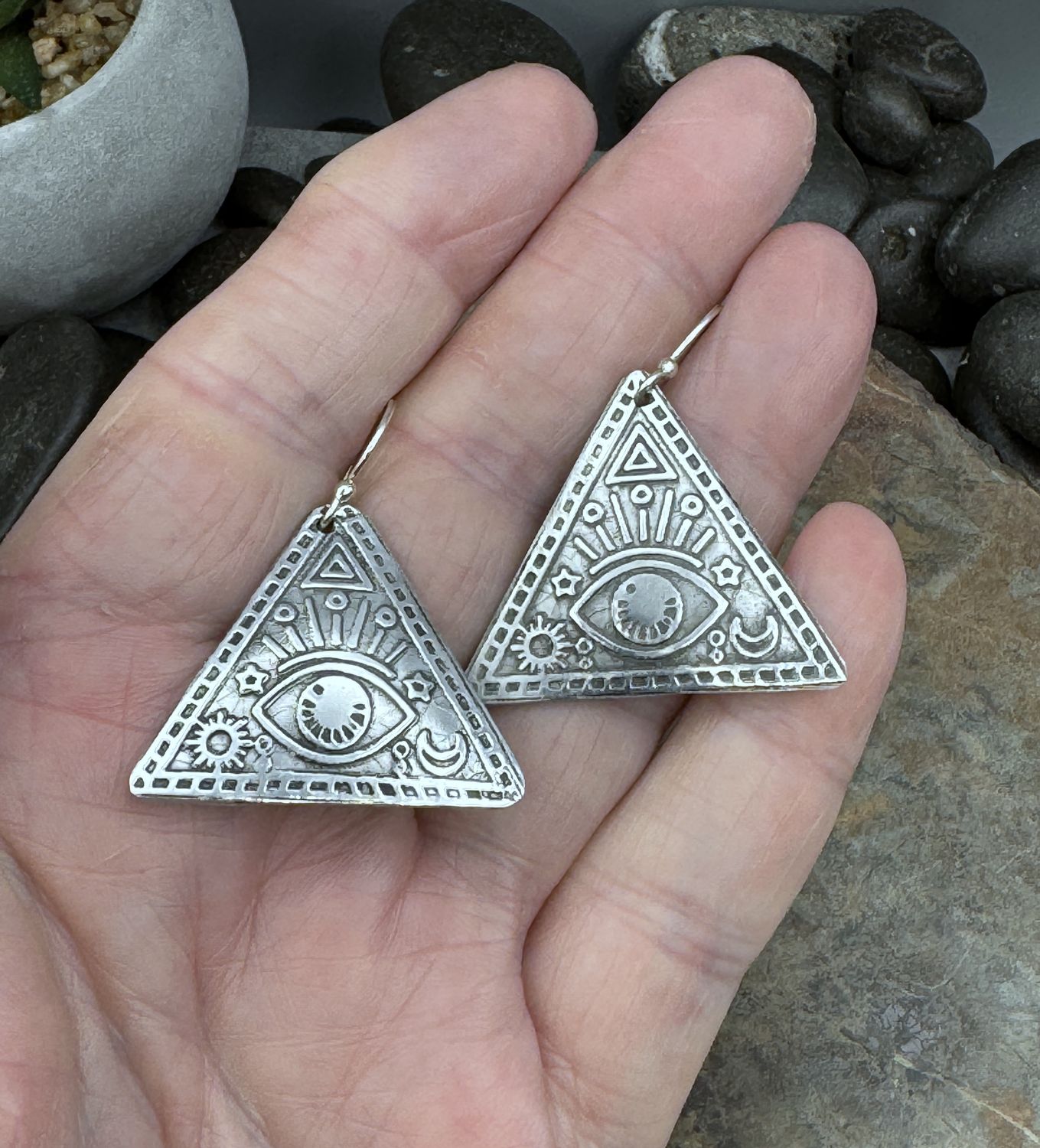 Handmade Aluminum Triangle shape Evil Eye Earrings – Lightweight &amp; Hypoallergenic Jewelry
