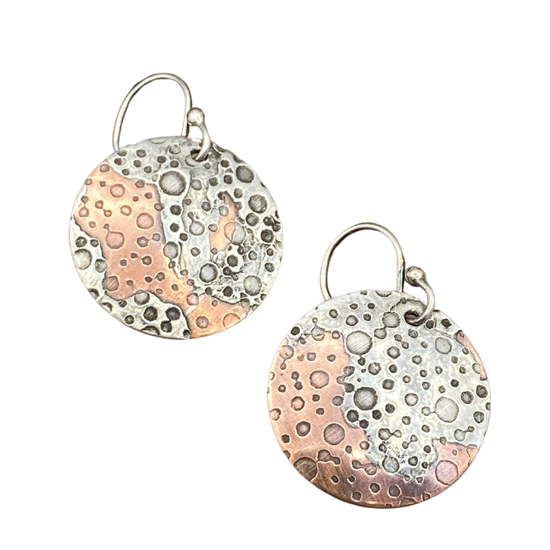 Tiny Bubble Patterned Silver &amp; Copper Round Earrings