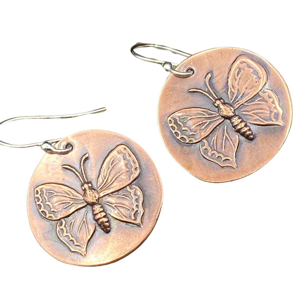 Handmade Copper Butterfly Round Earrings