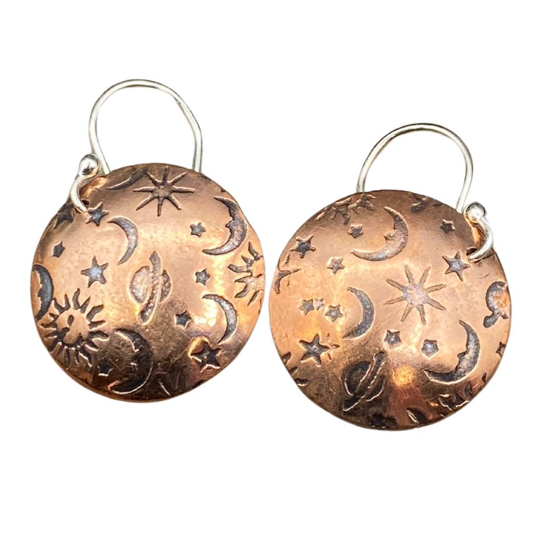 Celestial Moon and Stars Patterned Round Copper Earrings