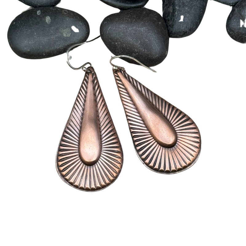 Handcrafted Retro Copper Dangle Earrings with Sunburst Design – Sterling Silver Ear Wires