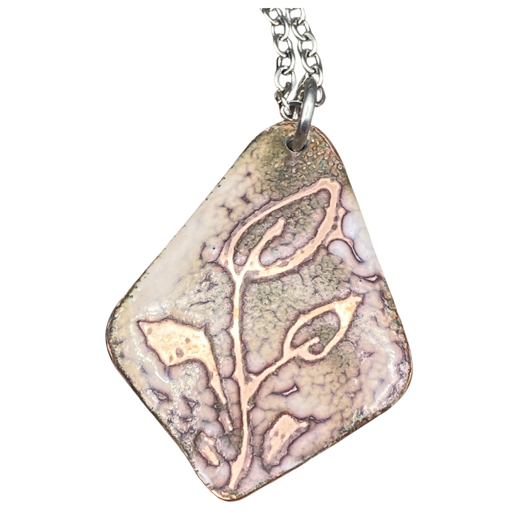 Natural colored Sgraffito Leaves Enamel Pendant Scratched Enameled Jewelry