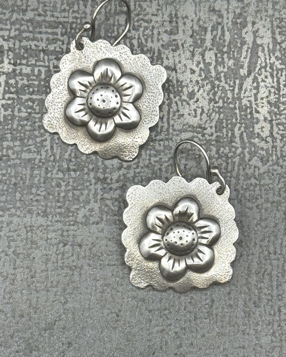 Sterling Silver Repousse Flower Earrings with scalloped edges