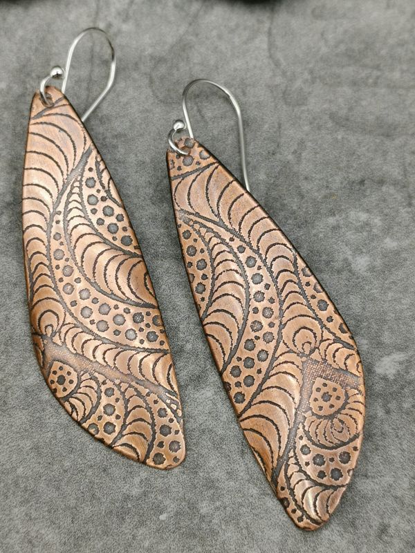 Handmade Copper Earrings Zentangle Teardrop Dangle Earrings