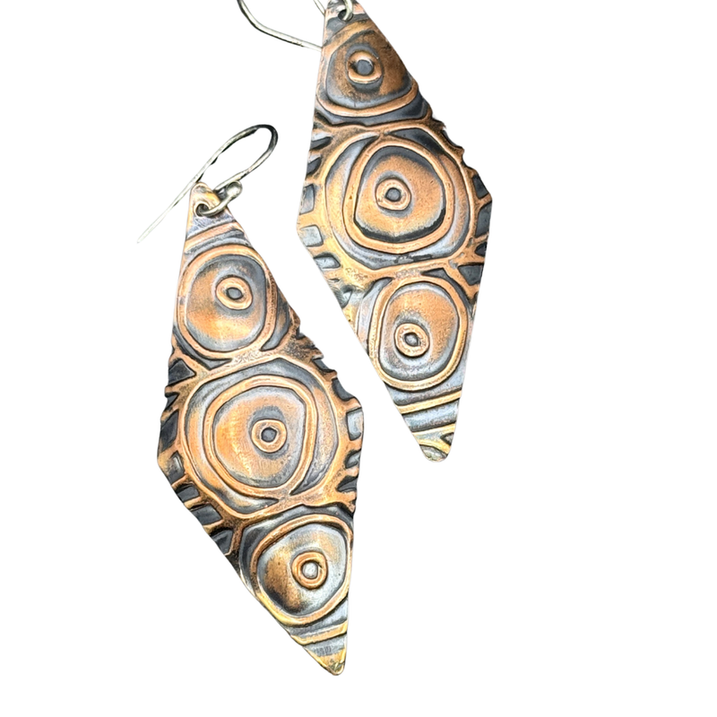 Zentangle Bohemian Patterned Diamond Shaped Copper Dangle Earrings
