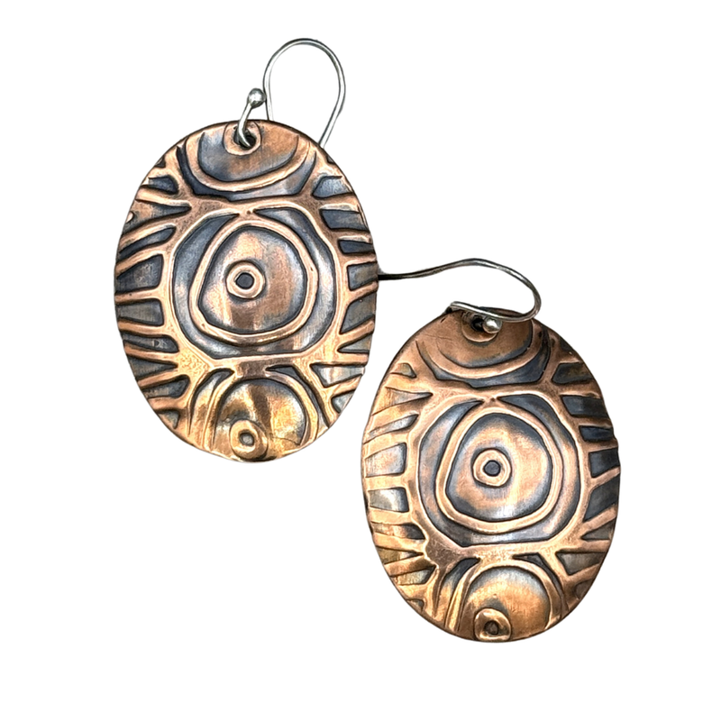 Handmade Oval Zentangle Bohemian Circle Patterned Earrings Sterling Silver Ear Wires