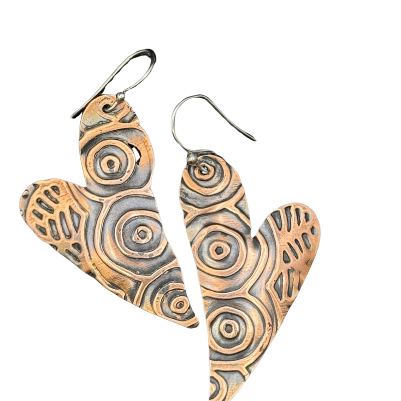 Bohemian Zentangle Patina Copper Heart Earrings - Handmade Metal Art Jewelry