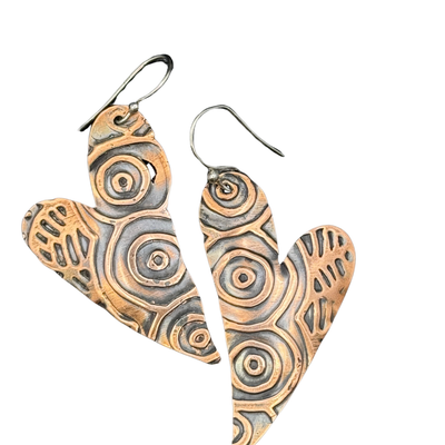 Bohemian Zentangle Patina Copper Heart Earrings - Handmade Metal Art Jewelry