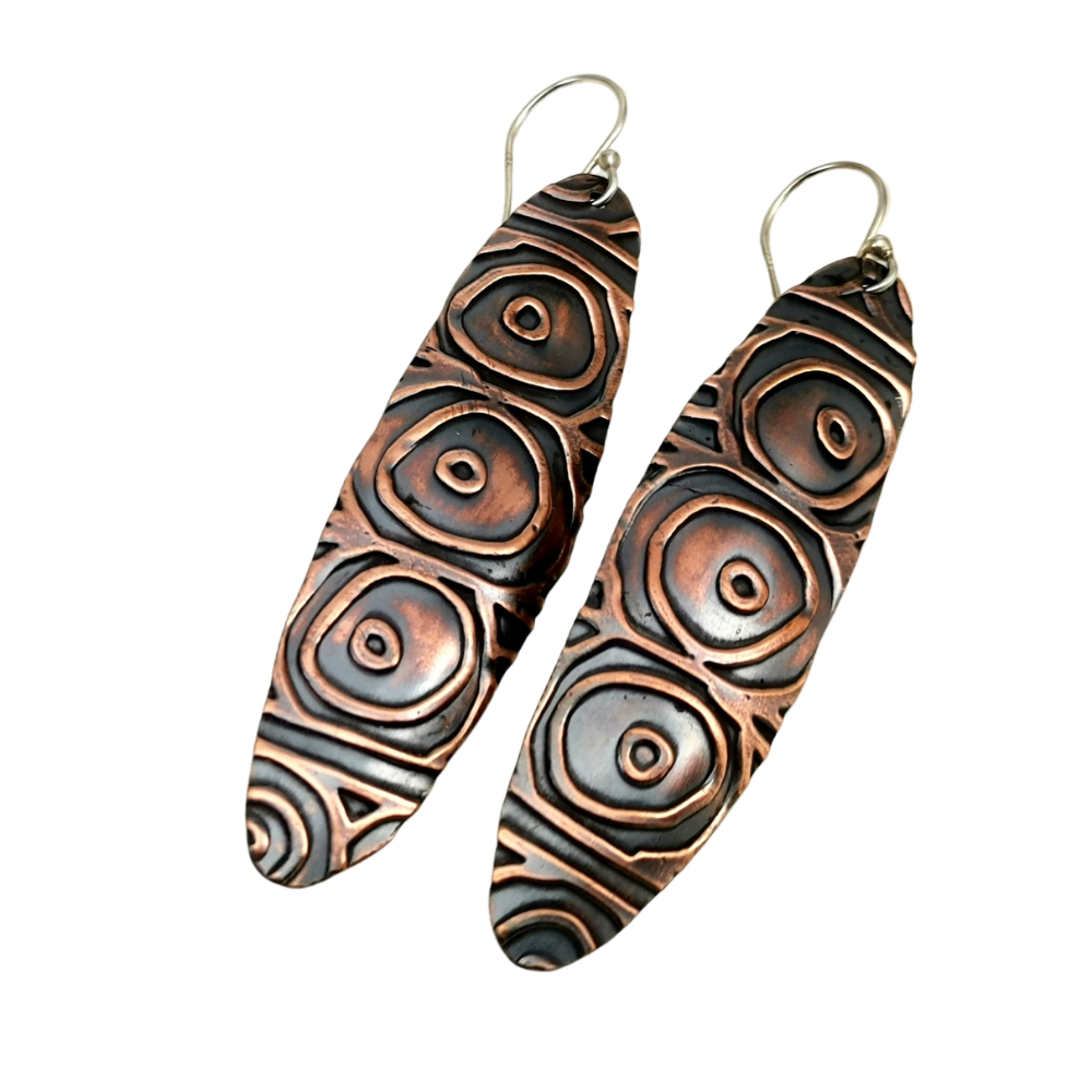 Bohemian Copper Earrings | Zentangle Circle Pattern Dangle Earrings | Sterling Silver Ear Wires | Unique Statement Jewelry