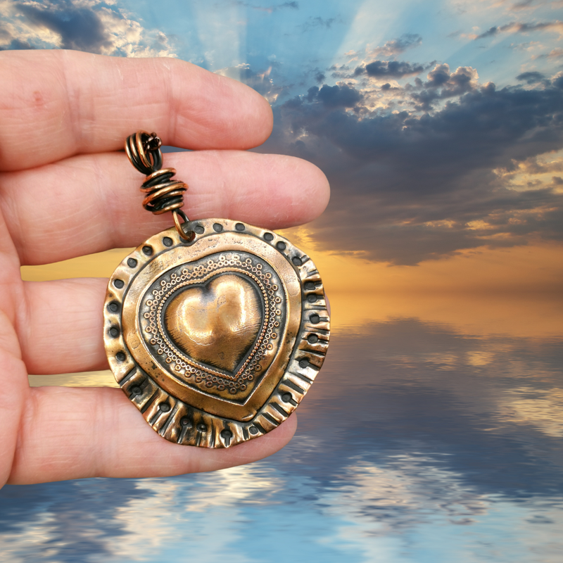 Heart in Heart Copper Hand Stamped Pendant