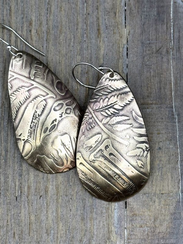 Handmade NuGold Earrings with Torch Patina – Shabby Chic BOHO Dangle Earrings on Sterling Silver Ear Wires