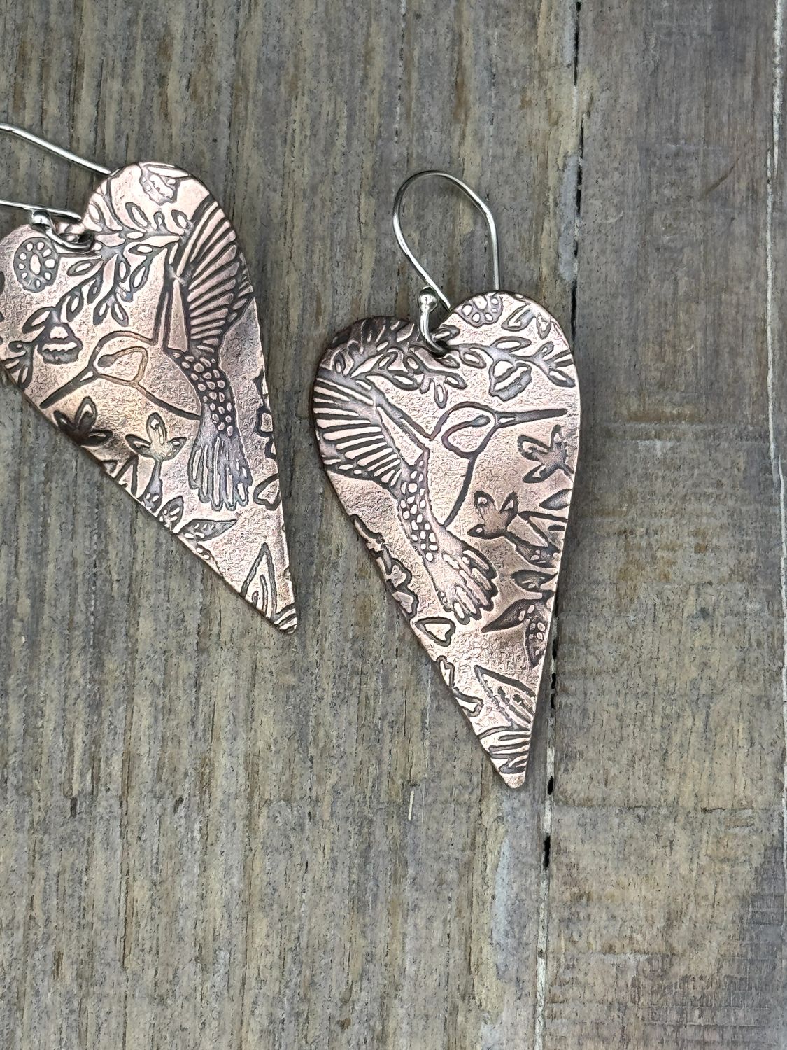 Handmade Copper Heart Earrings Hummingbird Design – Boho Shabby Chic Dangles on Sterling Silver Ear Wires