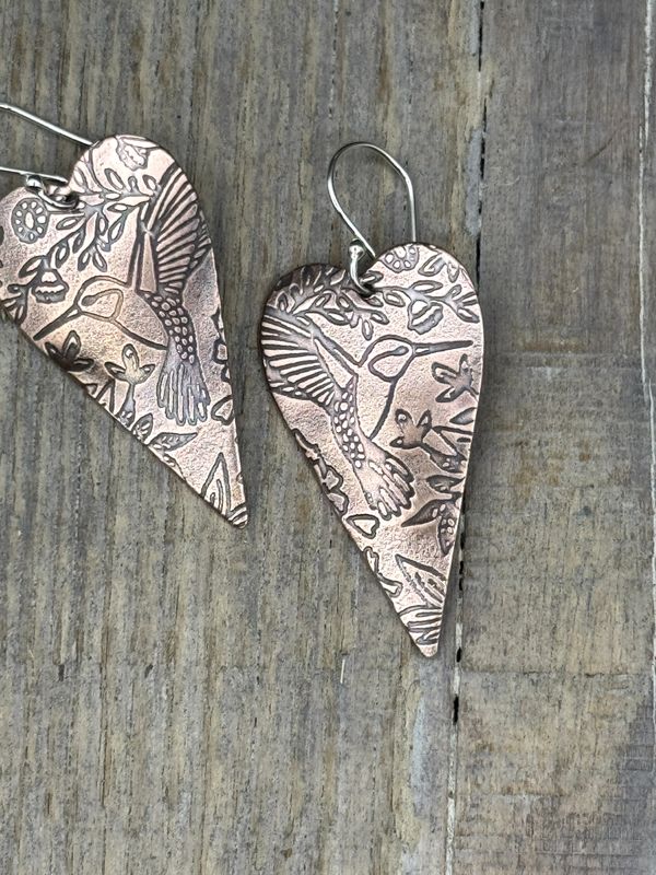 Handmade Copper Heart Earrings Hummingbird Design – Boho Shabby Chic Dangles on Sterling Silver Ear Wires