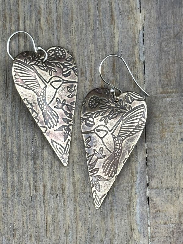 Handmade NuGold Heart Earrings Hummingbird Design – Boho Shabby Chic Dangles on Sterling Silver Ear Wires