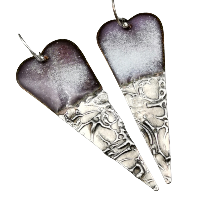 Handmade Enamel Heart Earrings – Long Dangle Earrings with Textured Silver Solder on Sterling Silver Ear Wires