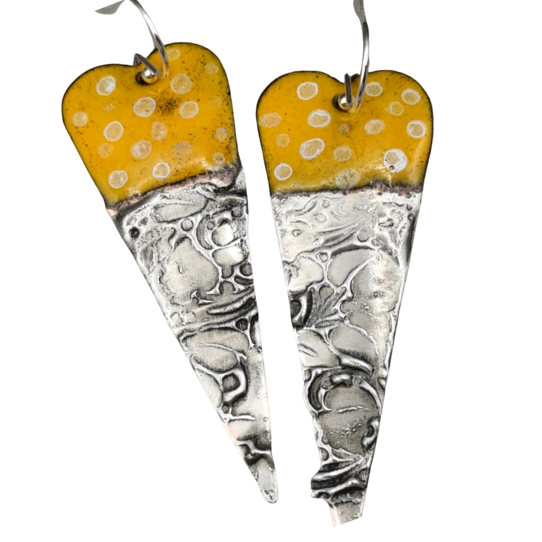 Handmade Sunshine Yellow Enamel Heart Earrings – Long Dangle Earrings Textured Silver Solder on Sterling Silver Ear Wires