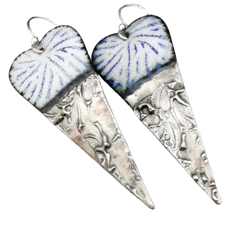 Handmade Blue White Enamel Heart Earrings – Long Dangle Earrings Textured Silver Solder on Sterling Silver Ear Wires