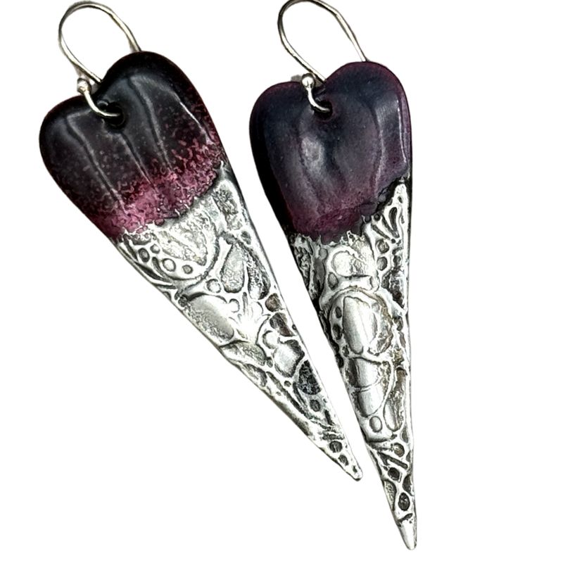 Handmade Enamel Heart Earrings – Long Dangle Earrings Textured Silver Solder on Sterling Silver Ear Wires
