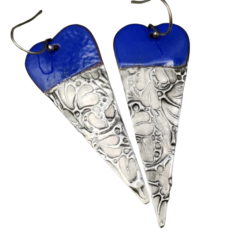 Handmade Blue Enamel Heart Earrings – Long Dangle Earrings Textured Silver Solder on Sterling Silver Ear Wires