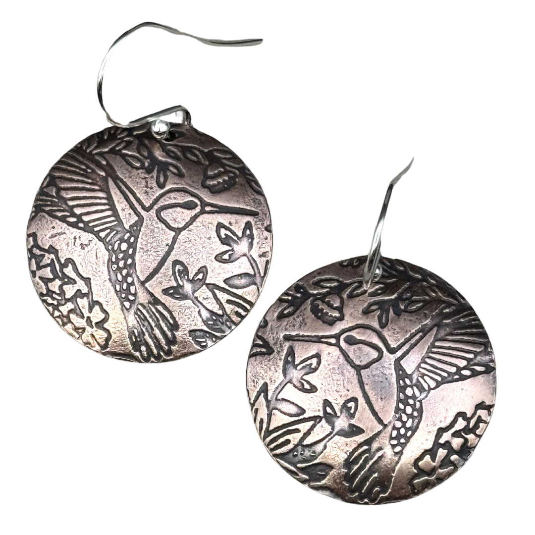 Handmade Round Copper Earrings Hummingbird Design – Boho Shabby Chic Dangles on Sterling Silver Ear Wires