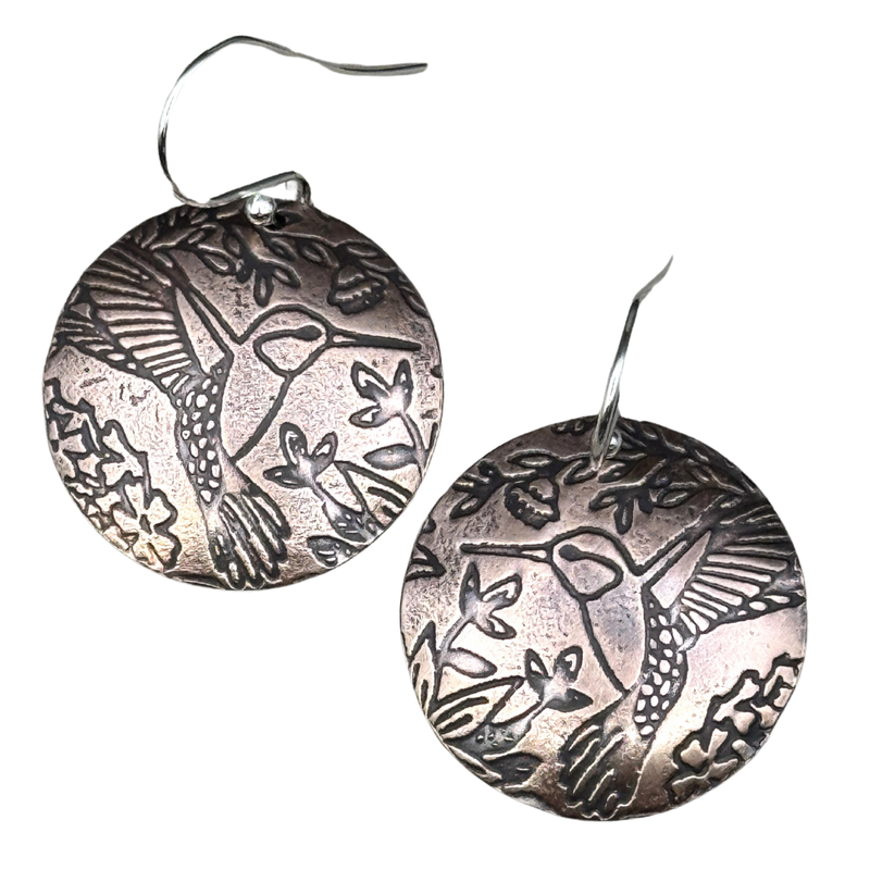 Handmade Round Copper Earrings Hummingbird Design – Boho Shabby Chic Dangles on Sterling Silver Ear Wires