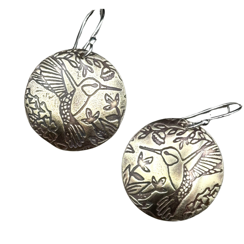 Handmade Round NuGold Earrings Hummingbird Design – Boho Shabby Chic Dangles on Sterling Silver Ear Wires